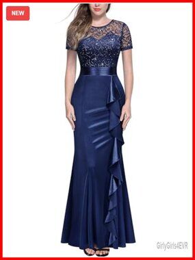 Miusol Sequin Lace Contrast Ruffle Evening Long Dress